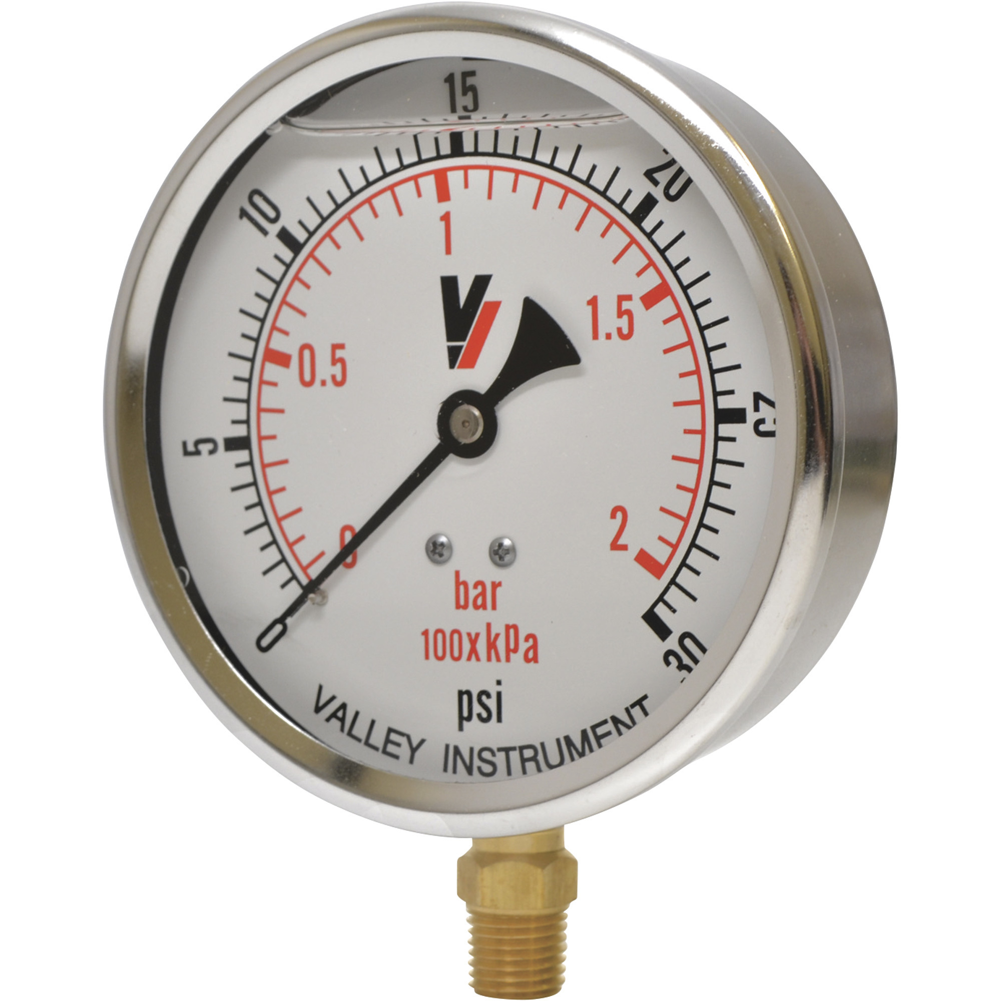 Valley Industries, 4in. Bottom Mt Gauge 30PSI, Case Material Stainless Steel, Min. Operating Pressure 0 PSI, Max. Operating Pressure 30 PSI, Model# 4140GXB30